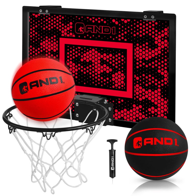 AND1 Mini Basketball Hoop: 18â€x12â€ Pre-Assembled Portable Over The Door with Flex Rim, Includes Two Deflated 5â€ Mini Basketball with Pump, for Indoor, Red/Black - Image 1